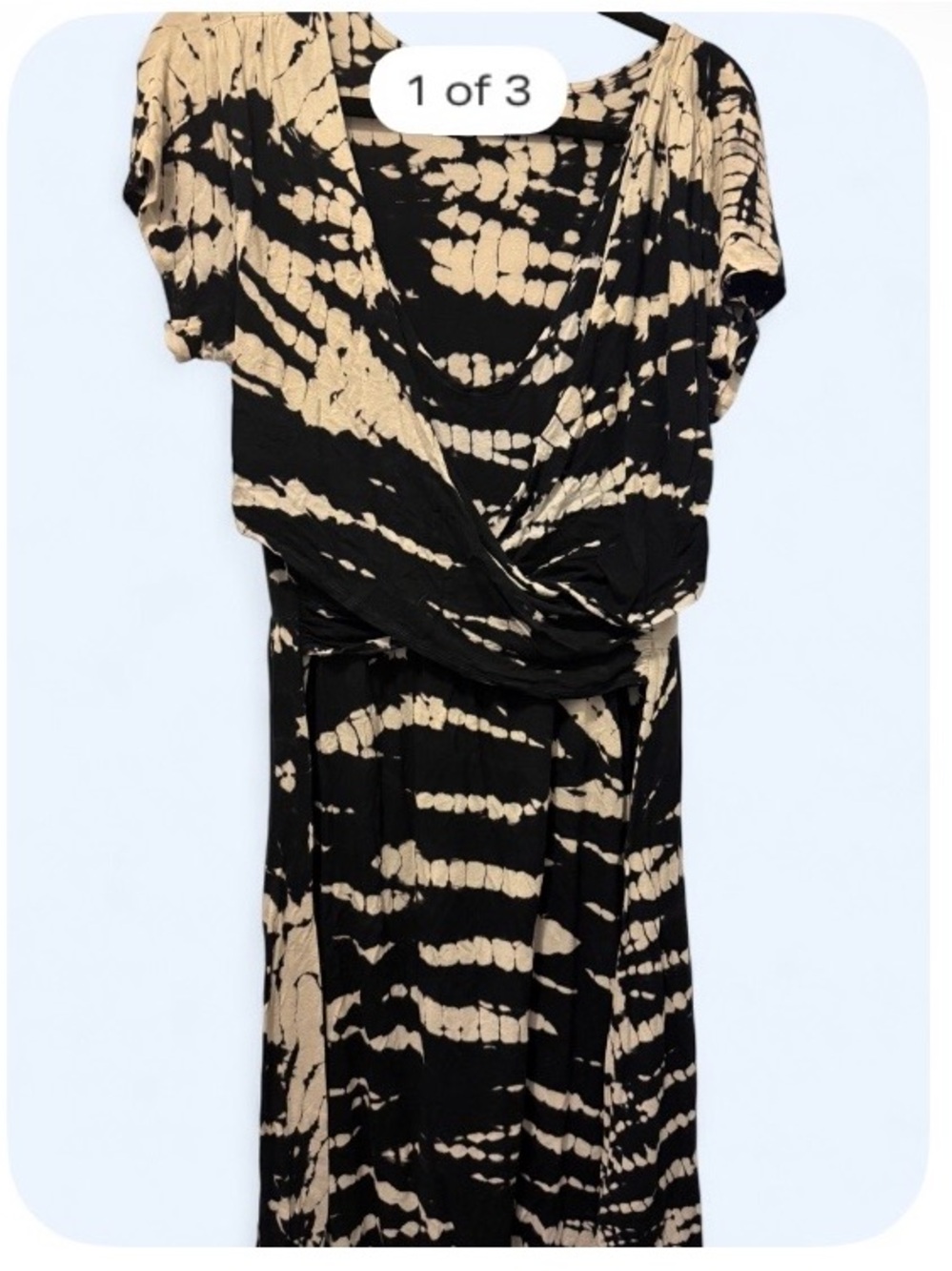 Black and Beige Tie-Dye Wrap Midi Dress